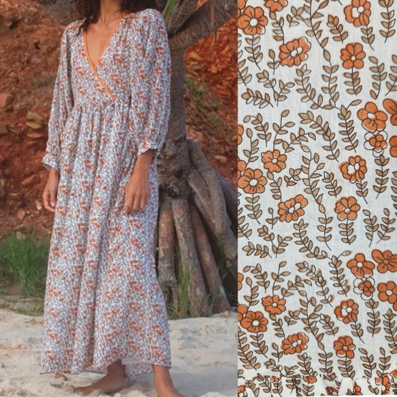 Daughters of India Binita Boho Cottagecore Apricot Floral Print Maxi Dress XL - Picture 1 of 16